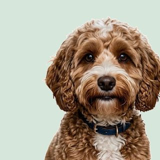 Chien de taille moyenne au pelage bouclé brun et blanc (Cockapoo)